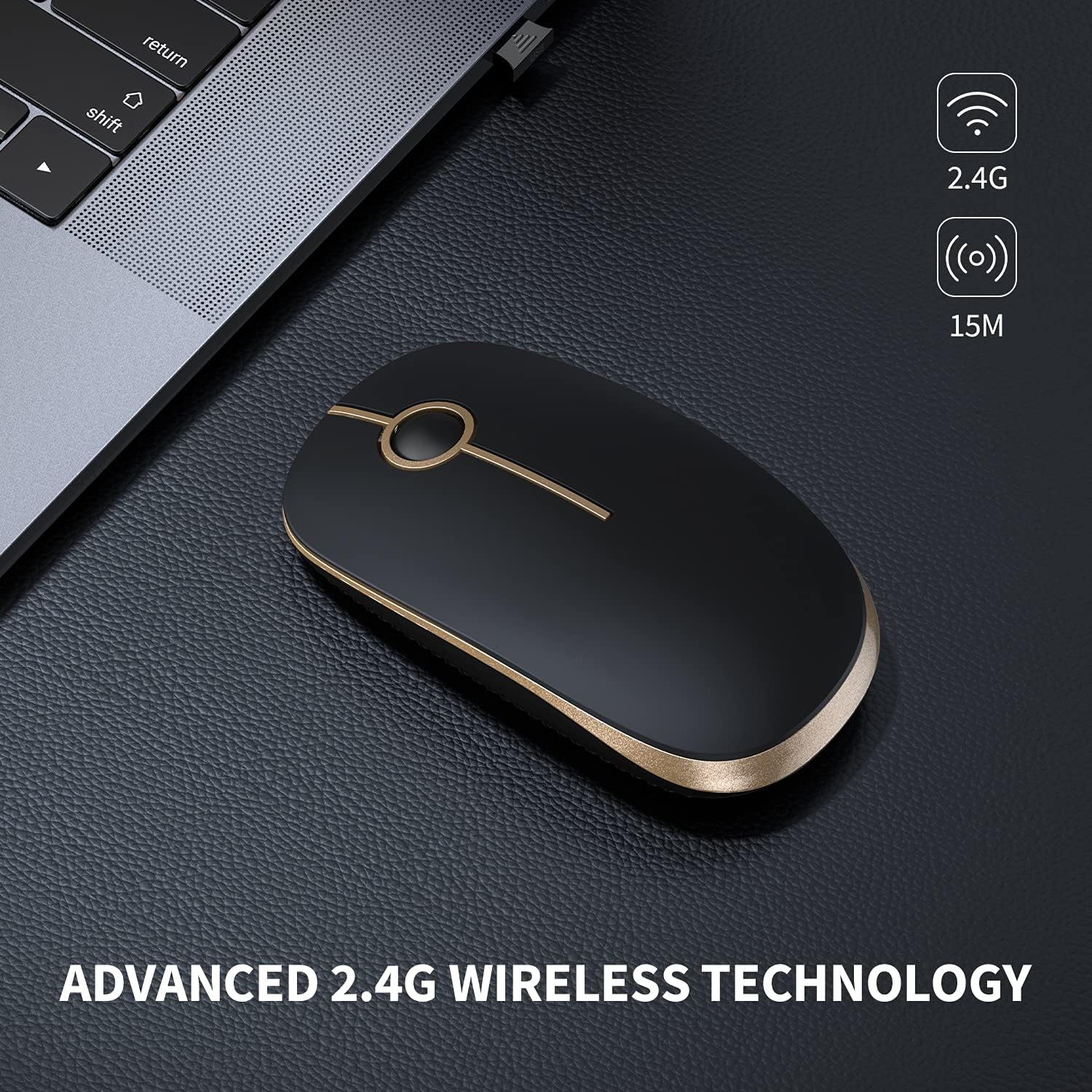 VssoPlor Wireless Mouse, 2.4G Slim Computer Laptop Mouse, Black and Gold - Image 2