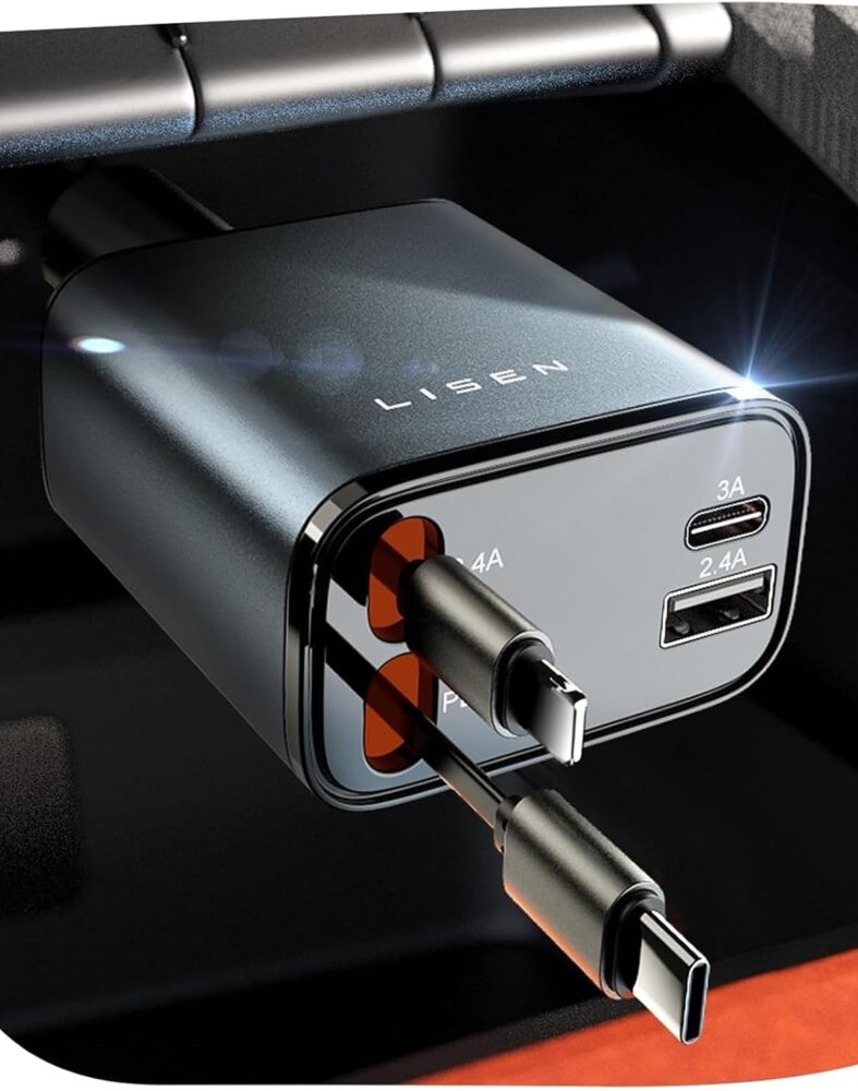 LISEN Retractable Car Charger, 84W Car Charger USB C Fast Charge, 4 in 1